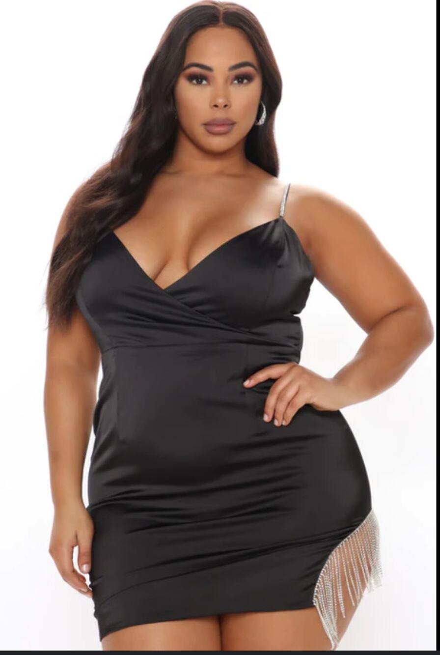 FASHION NOVA Black Augustine Satin Surplice Mini Dress with Jewel Fringe 2XL